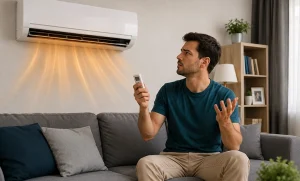 Man Adjusting Air Conditioner with Remote in a Living Room