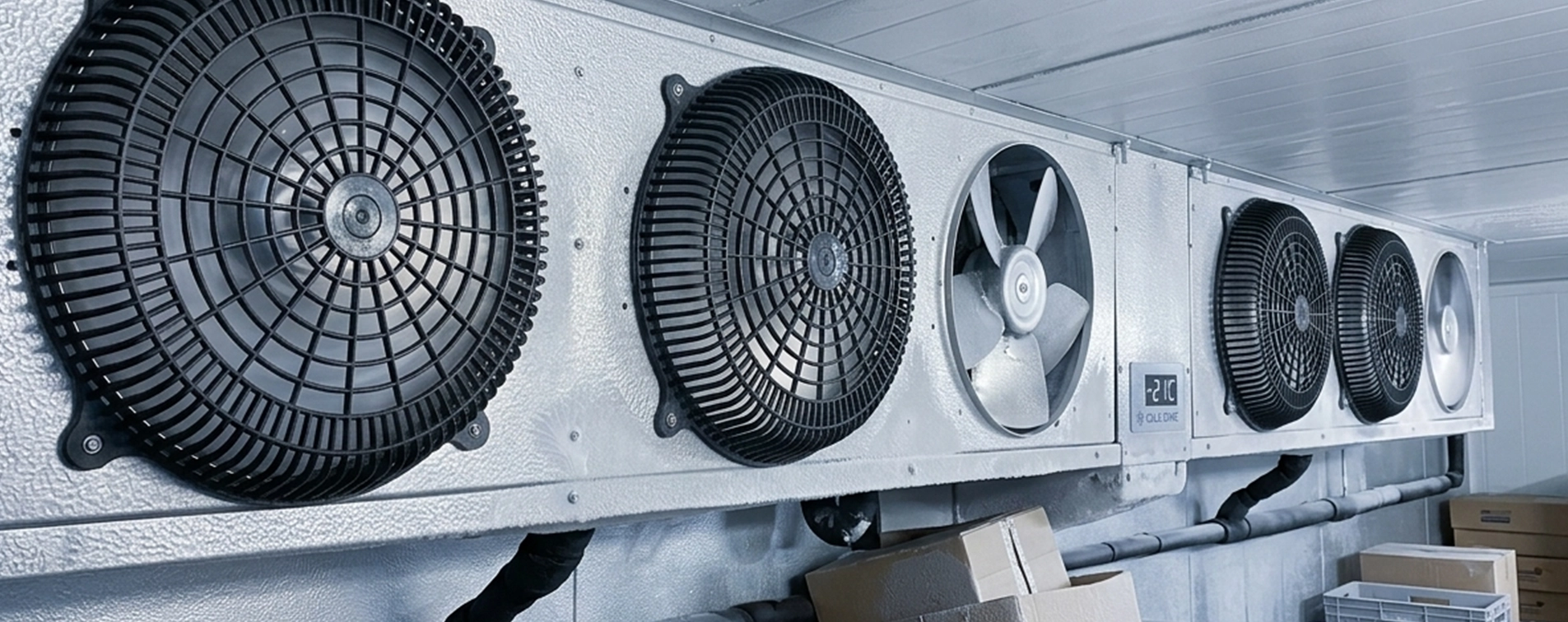 Industrial Refrigeration Fans Lined Up in Cold Storage Facility