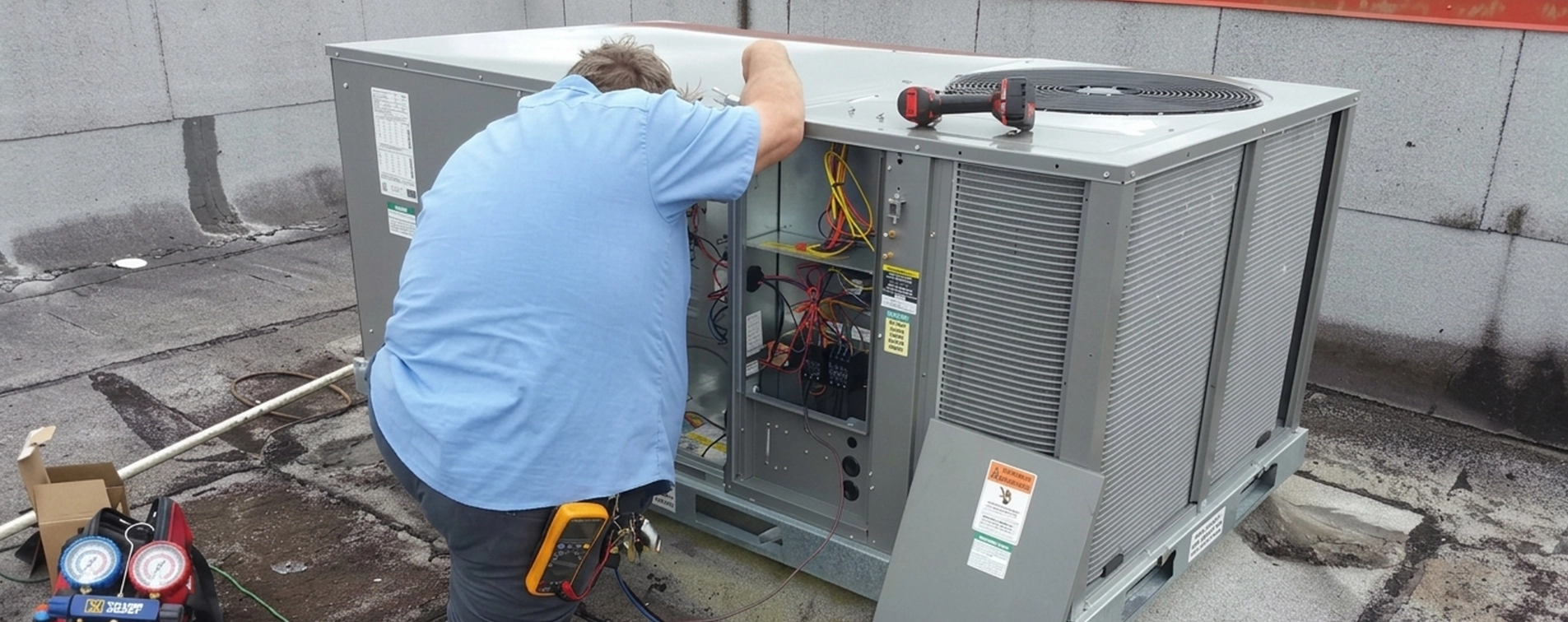 Technician Repairing Commercial Refrigeration Unit on a Rooftop in Modesto