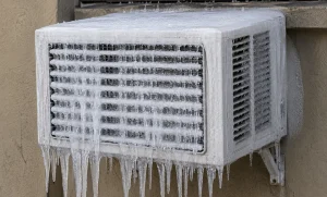 Icicles Hanging From Frozen Commercial Refrigeration Unit in Modesto, CA
